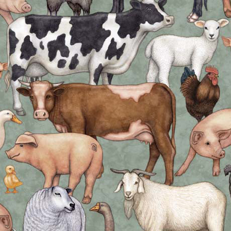 Country Farm Packed Animals Green Fabric