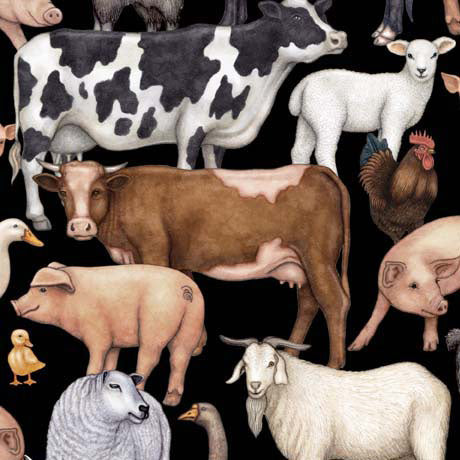 Country Farm Packed Animals Black Yardage