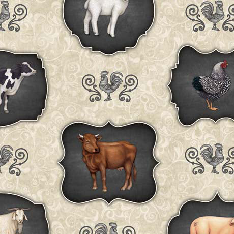 Country Farm Animal Frames Cream Fabric