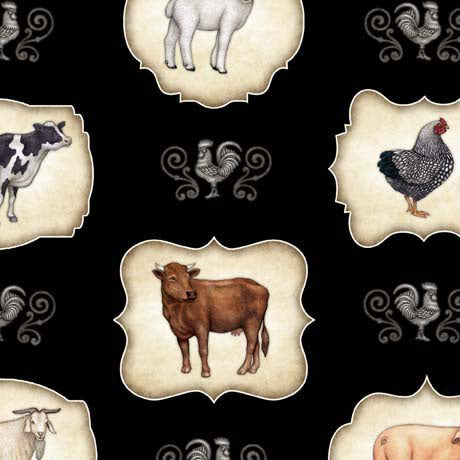 Country Farm Animal Frames Black Fabric