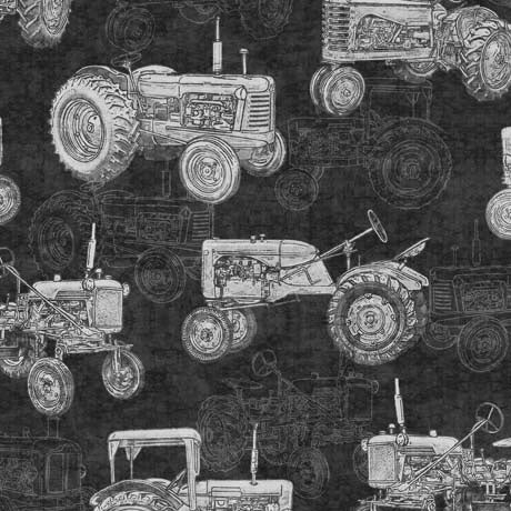 Country Farm Tractors Black Fabric