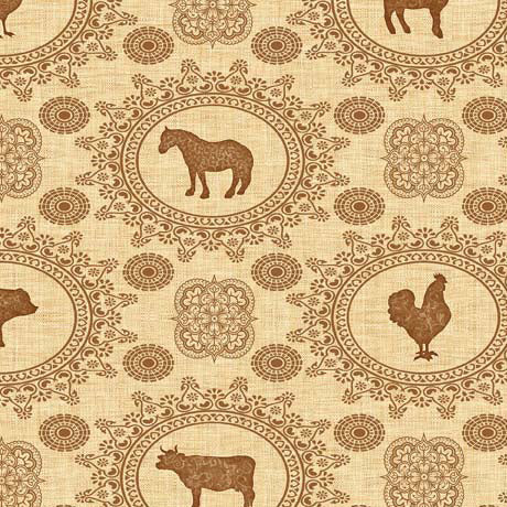 Country Farm Animal Doily Tan Fabric