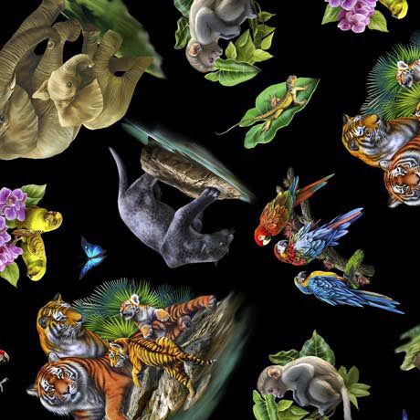 Jungle Paradise Jungle Animal Toss Black Fabric