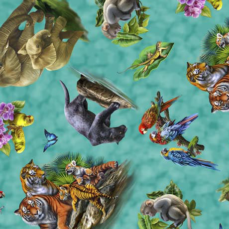 Jungle Paradise Jungle Animal Toss Turquoise Fabric