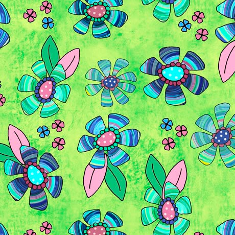 Here Kitty Kitty Flower Toss Green Fabric