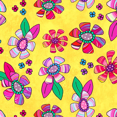 Here Kitty Kitty Flower Toss Yellow Fabric