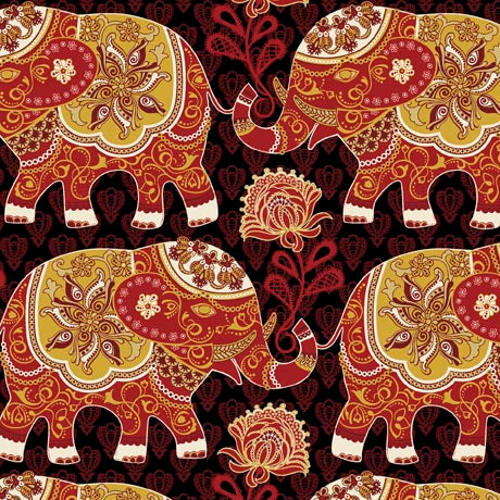 Imperial Jungle Decorative Elephants Black Fabric