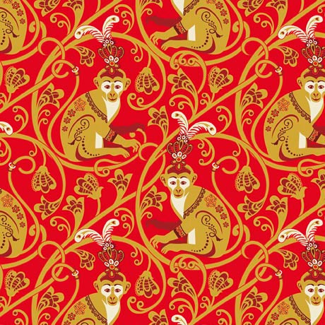 Imperial Jungle Monkey & Scroll Red Fabric