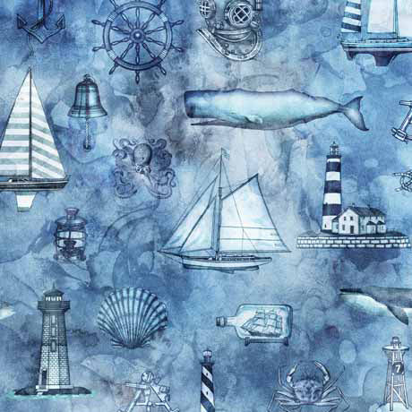 Siren's Call Coastal Collage Blue Fabric