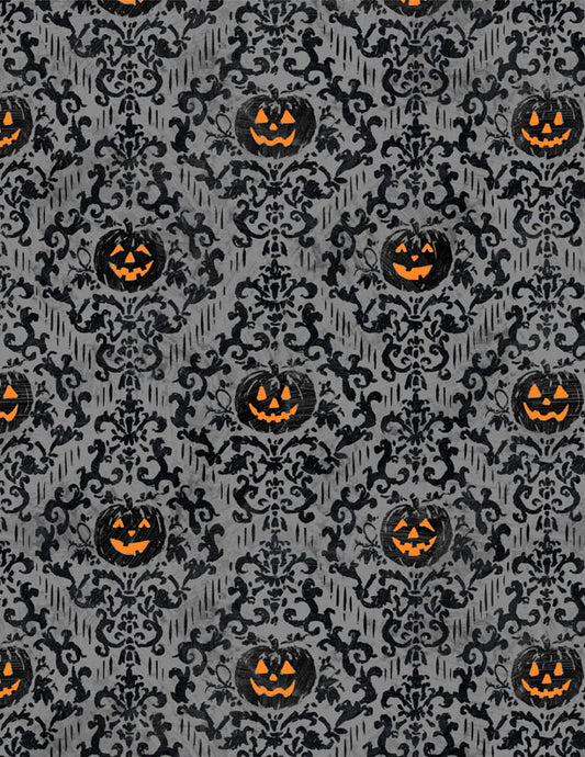 Midnight Hauntings Pumpkin Damask Dark Gray Fabric