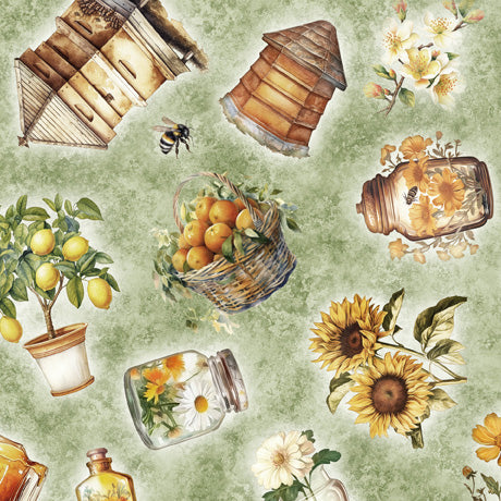 Queen Bee Bee Hive & Plant Toss Sage Fabric