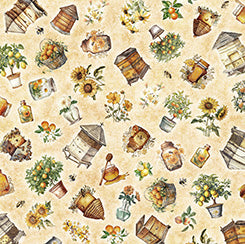 Queen Bee Bee Hive & Plant Toss Tan Fabric