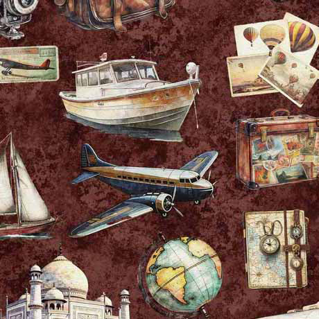 Globetrotter Travel Icons Brick Fabric