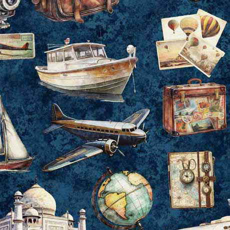 Globetrotter Travel Icons Navy Blue Fabric