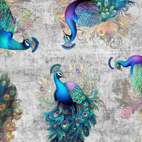 Resplendent Tossed Peacocks Gray Fabric