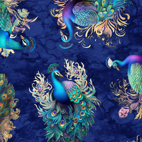 Resplendent Tossed Peacocks Royal Fabric