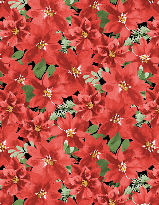 Cardinal Celebration Packed Poinsettias Black Fabric