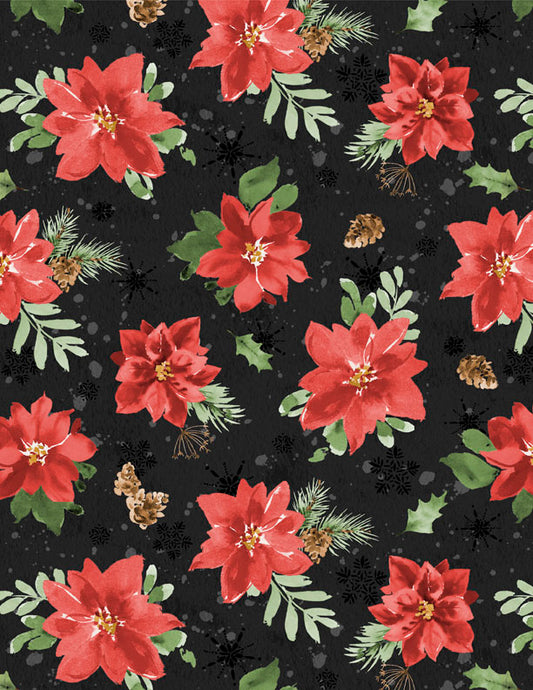 Cardinal Celebration Tossed Poinsettias Black Fabric