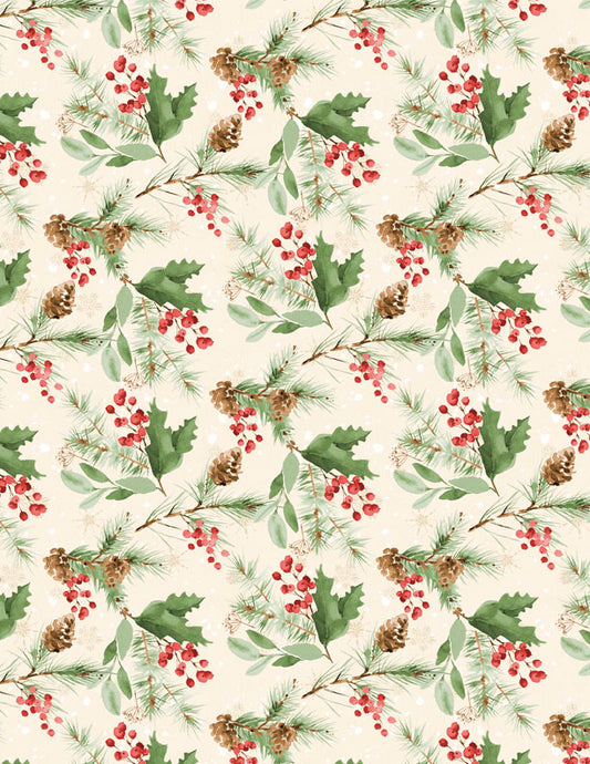 Cardinal Celebration Greenery Toss Cream Fabric
