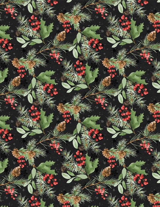 Cardinal Celebration Greenery Toss Black Fabric