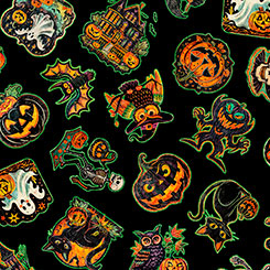 Happy Haunting Halloween Character Toss Black Fabric
