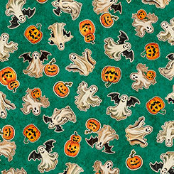 Happy Haunting Ghosts & Pumpkins Green Fabric