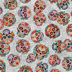 Skullduggery Sugar Skulls Toss Gray Fabric