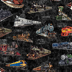 Steam & Steel - Trains- Charcoal - Yardage