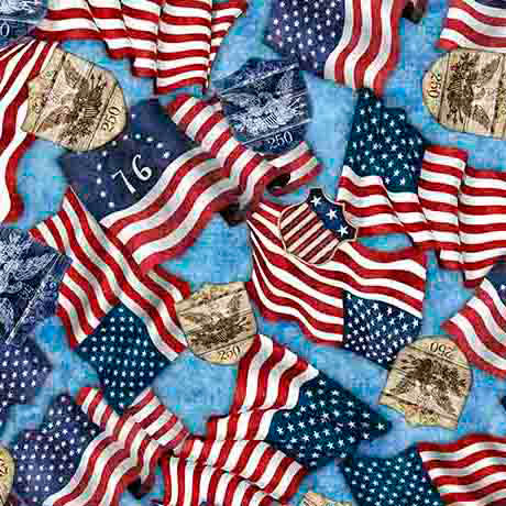1776 - American Flags & 250 Crest - Blue - Yardage