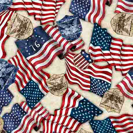 1776 - American Flags & 250 Crest - Cream - Yardage