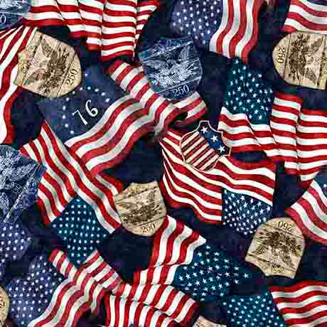 1776 - American Flags & 250 Crest - DK Navy - Yardage