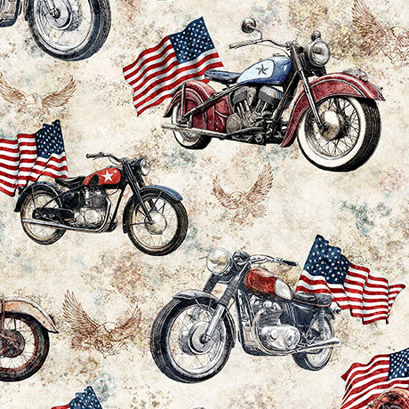 Stars, Stripes & Steel - Motorcycles & American Flags - Birch - Yardage