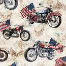 Stars, Stripes & Steel - Motorcycles & American Flags - Birch - Yardage