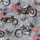 Stars, Stripes & Steel - Motorcycles & American Flags - Steel - Yardage