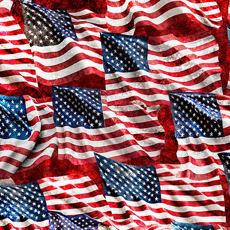 Stars, Stripes & Steel - Waving American Flag - Brick - Yardage