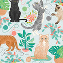 Curious Kittycats - Cats & Plants - Light Blue - Yardage
