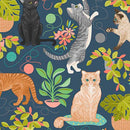 Curious Kittycats - Cats & Plants - Dark Blue - Yardage
