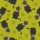 Curious Kittycats - Tossed Black Cats - Lime - Yardage