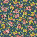 Curious Kittycats - Floral - Dark Blue - Yardage