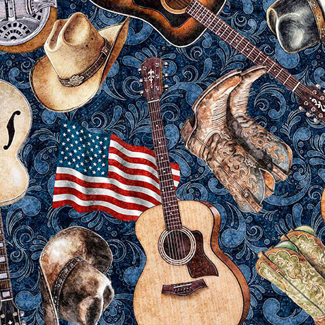 American Country - Guitars - Navy - Yardage