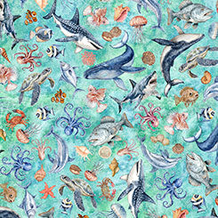 Nauticus - Sea Creatures - Turquoise - Yardage