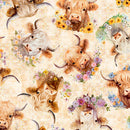 Udderly Adorable - Highland Cow With Floral - Cream - Yardage