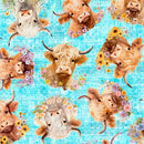 Udderly Adorable - Highland Cow With Floral - Turquoise - Yardage