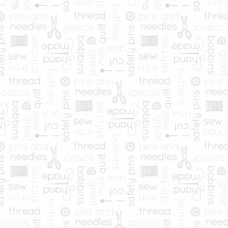 Sew Happy  2 - Words All Over White on White Fabric