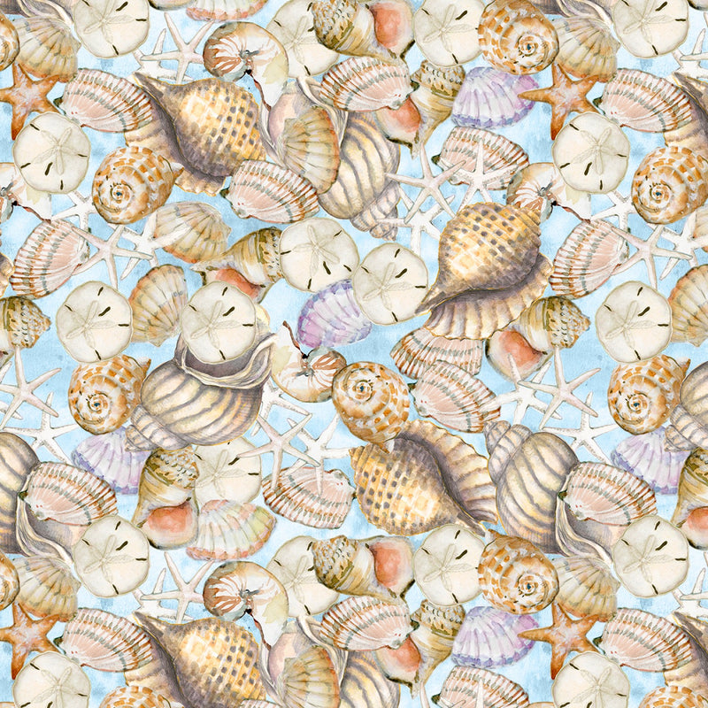 Coastal Sanctuary Packed Shells Blue Fabric