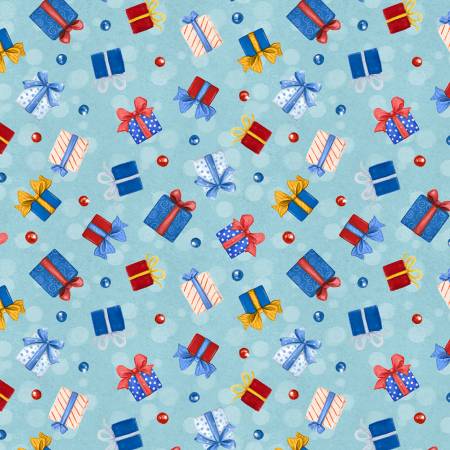 Woodland Gifts Tossed Presents on Blue Yardage