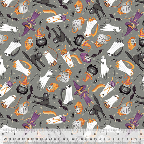 Scaredy Cats Grey Trick or Treat Fabric