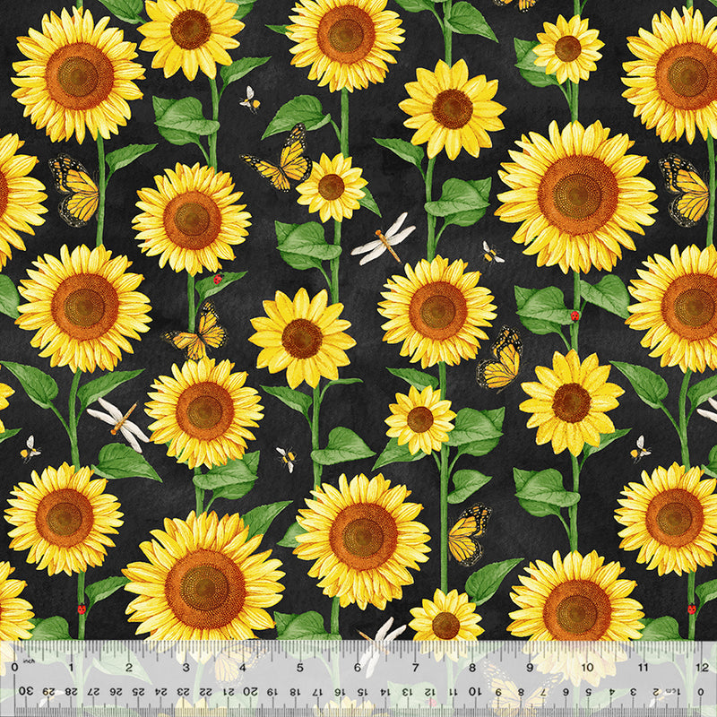 Sunshine Daydream Sunflower Field Black Fabric