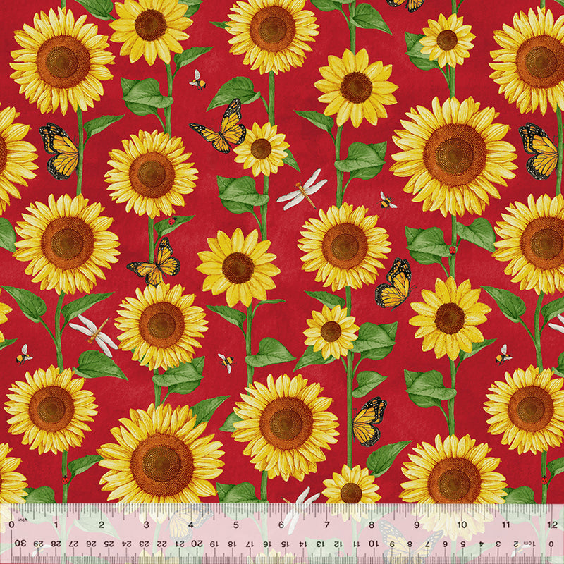 Sunshine Daydream Sunflower Field Red Fabric