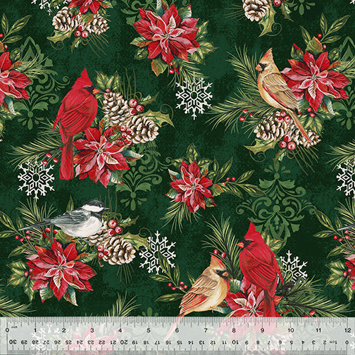 Holiday Greetings Winter Songbirds Green Fabric